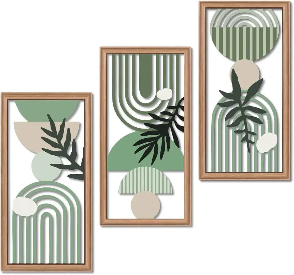 Putuo Decor Boho Wall Art Set of 3, Green Botanical Wooden Wall Decor, Abstract Aesthetic Room Decorations, Mid-Century Modern Artwork for Living Room, Bedroom, Office Green 16.5 x 8.6 inch