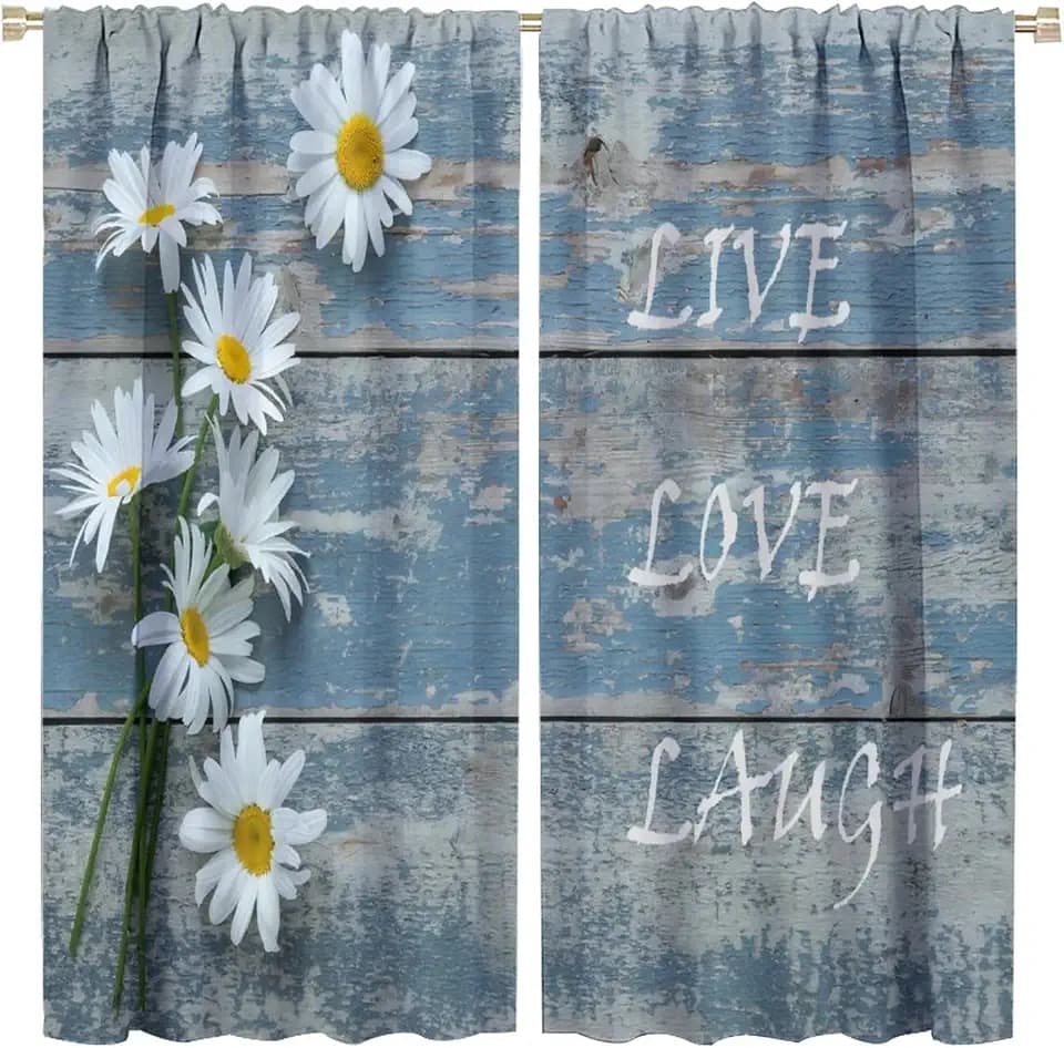 Rustic Floral Kitchen Curtains,Retro Farmhouse Cabin Lodge Daisy Flower Country Farm Style Window Door Curtains for Bedroom Living Room Home Decor W42xL45in