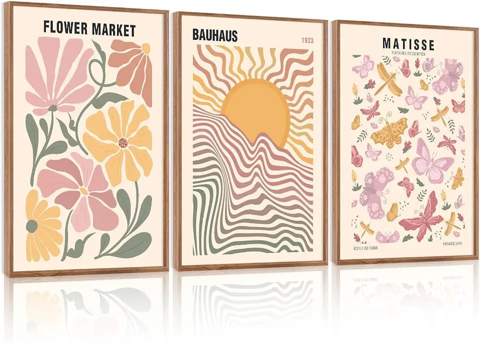 CHDITB Matisse Pink Framed Canvas Wall Art, Abstract Minimalist Wall Decor, Butterfly Floral Print, Sun Bauhaus Painting, Aesthetic Flower Market Artwork For Living Room Bedroom Decor 12"X16"x3