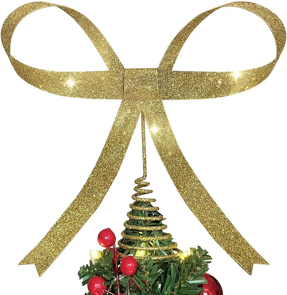 Large Metal Bow Christmas Tree Topper,9.4 Inch Glitter Gold Tree Topper