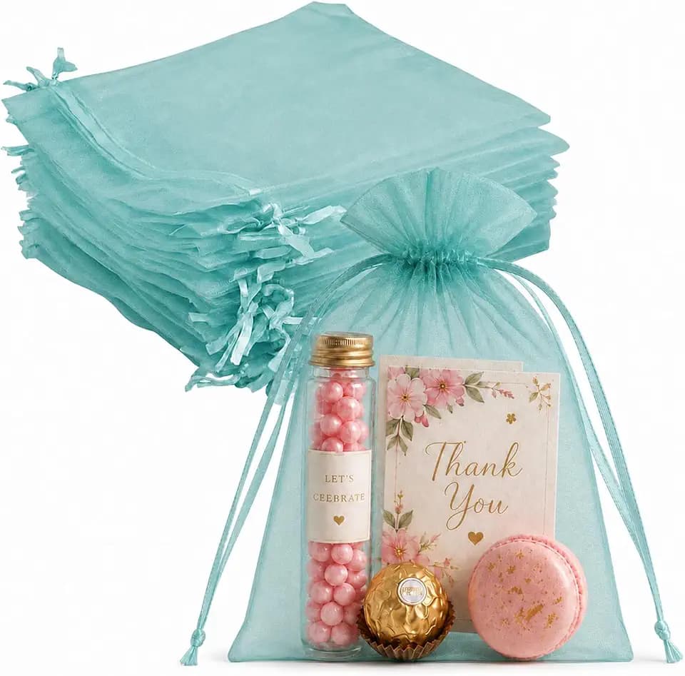 Jexila 100 Pack Teal Organza Gift Bags 5X7 Satin Drawstring Mesh Gift Pouch