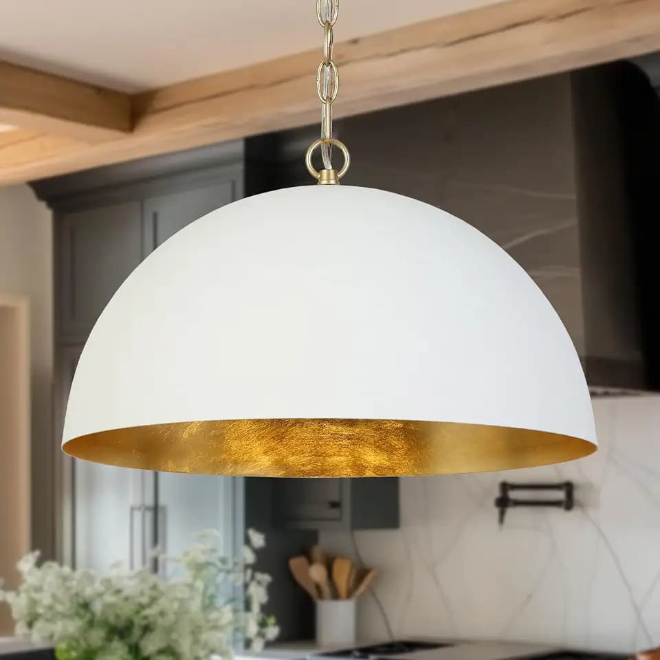 KSANA 17.7" White and Gold Dome Pendant Light, Large Modern Hanging Light Fixture with Gold Interior, Kitchen Island Lighting for Dining Room
