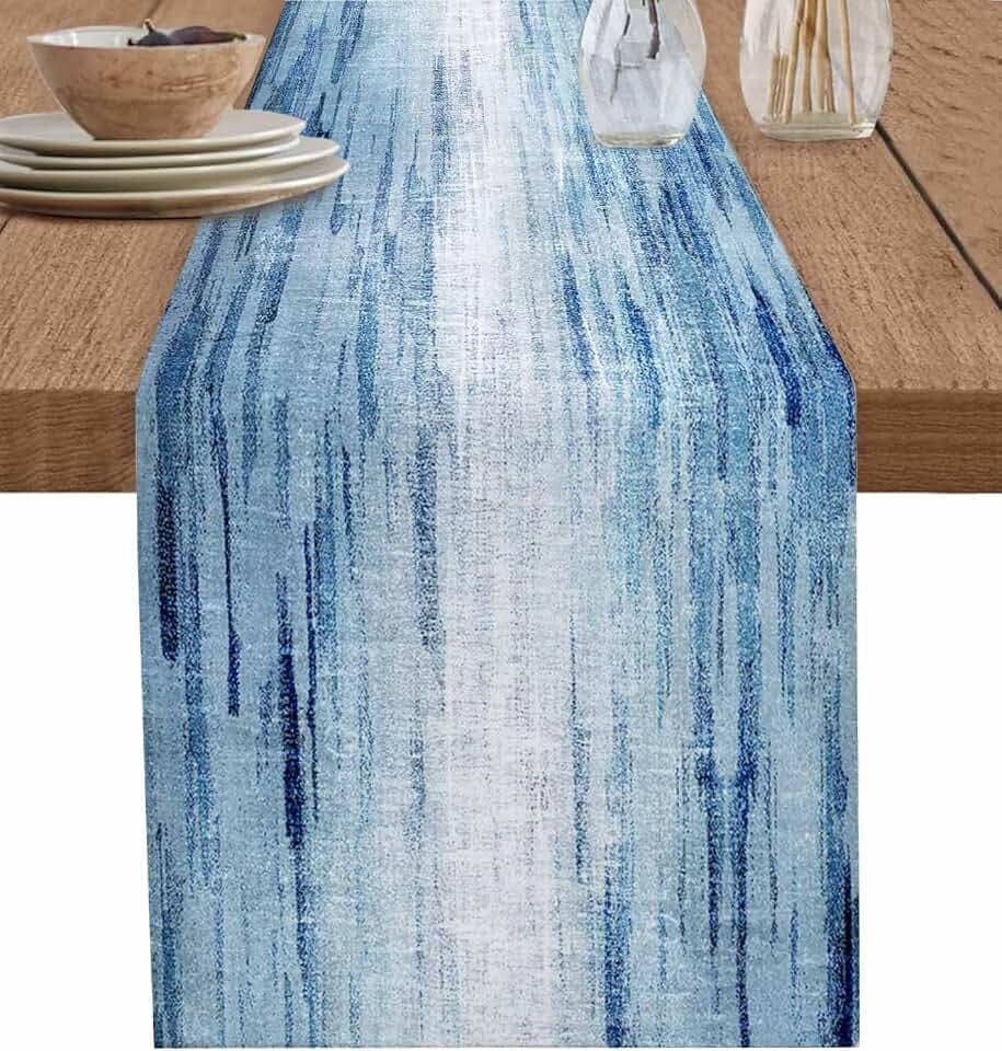 Blue Table Runner Dresser Scarves Retro Abstract Ombre Texture Kitchen Art Dining Coffe Farmhouse Table Runner, Washable Non-Slip Rectangle Table Setting Party Wedding Holiday Decor, 13x72 inch Long