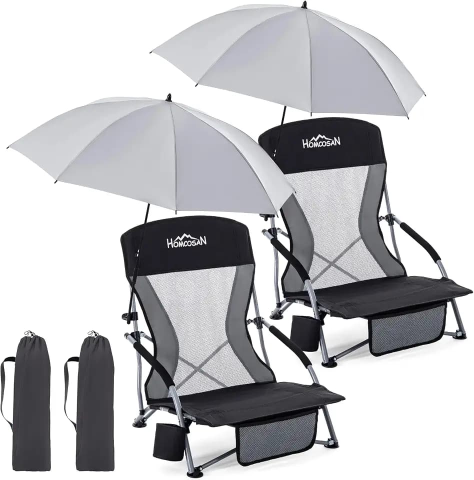 Homcosan Portable Low Folding Beach Chairs Set of 2 with Detachable Umbrellas - Lightweight Camping Chairs for Adults with Cup Holder & Storage Pockets, Carry Bag Included (Black & Gray)