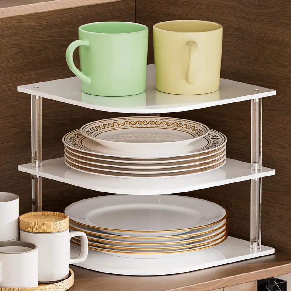 Plate Organizer for Cabinet Space Saver - Acrylic Corner Shelf for Dishes, Bowls, 3-Tier Kitchen Countertop Cabinet Organization, Dinner Plates Holder, and Small Shelf for Bathroom Storage - White