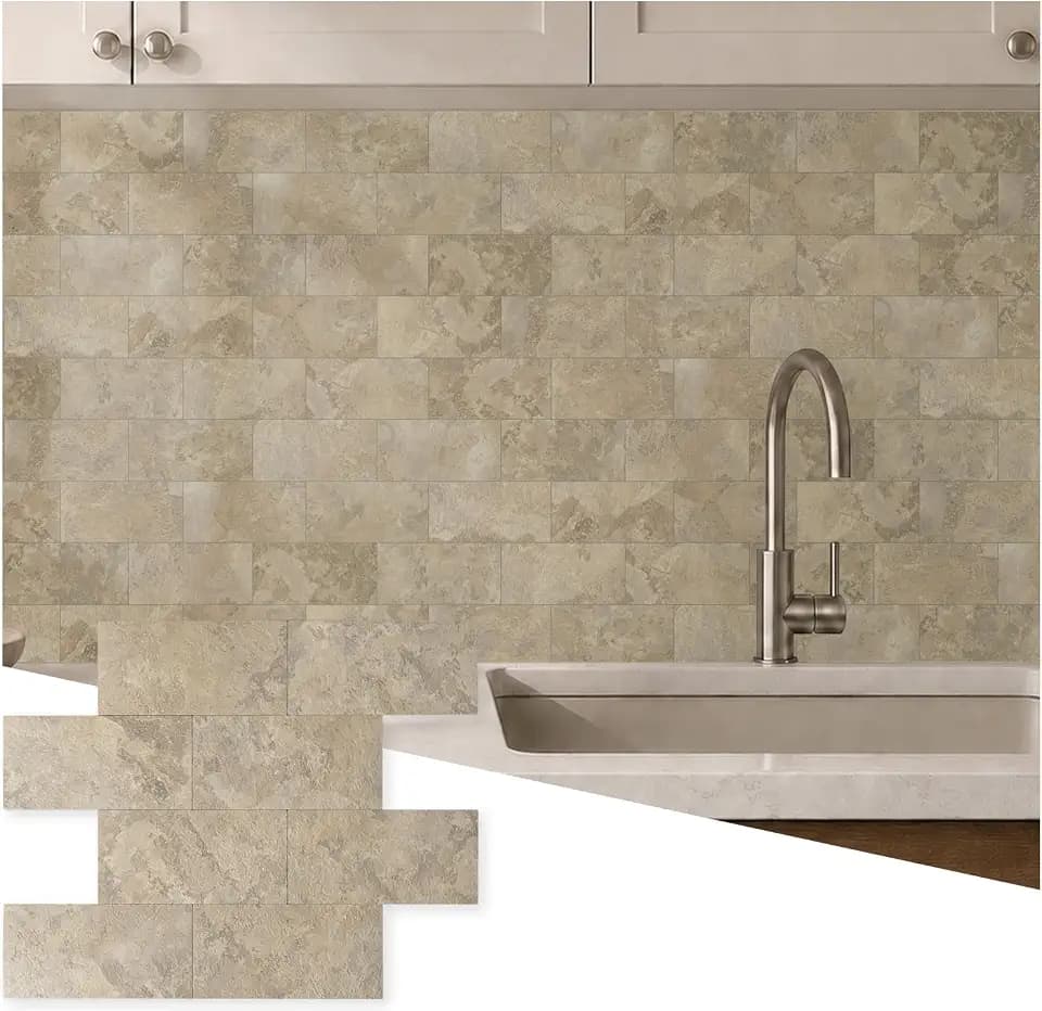 Peel and Stick Subway Tile Backsplash, 10 Sheets 11.8''x11.8'' Beige Stone-Look 3D Wall Tiles, Thick & Strong Adhesive, Heat Resistant & Waterproof Stick On Tiles for Kitchen, Bathroom