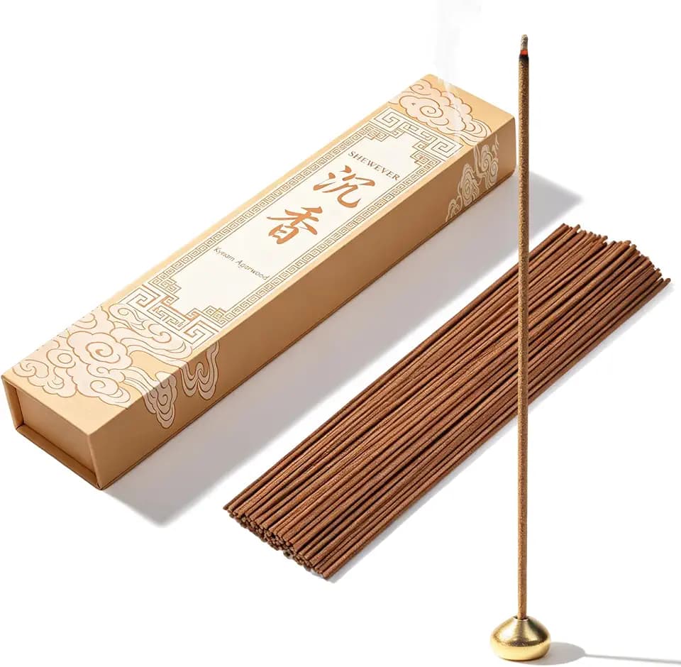 Natural Chinese Agarwood Incense Sticks with Brass Burner, Handmade Traditional Oud Incense for Stress Relief, Meditation, Home Fragrance, Ideal Gift for Aromatherapy Lovers