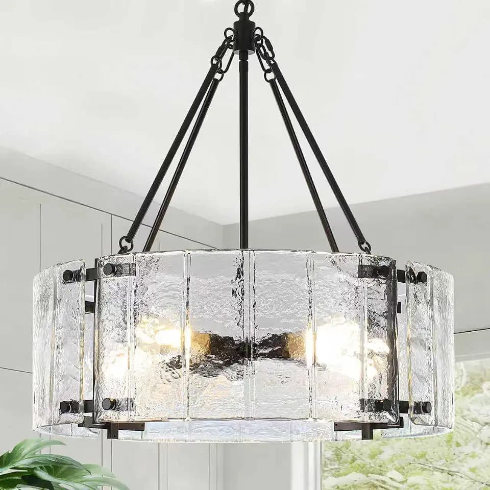22" Modern Black Textured Glass Chandelier, 5 Lights Large Drum Chandeliers