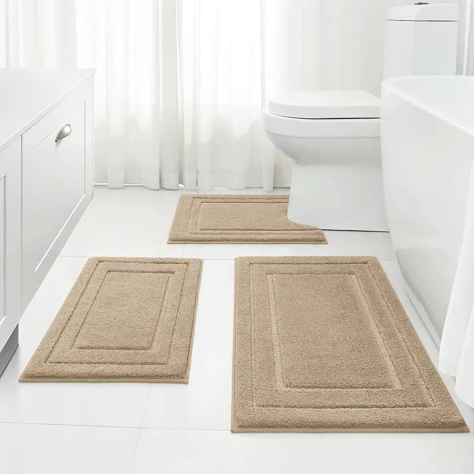 HOMEIDEAS Khaki Bathroom Rugs Set of 3, Non Slip Bath Mats