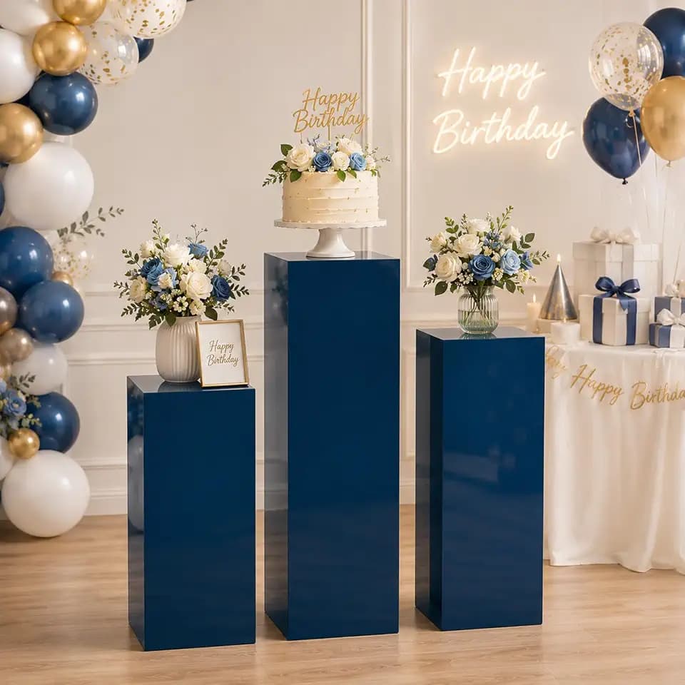 SwallowLiving 3PCS Metal Blue Display Pedestal Stand for Parties, Square Tall Pedestal Cake Stands Pillars for Wedding, Sculpture Display Stand Column Decoration