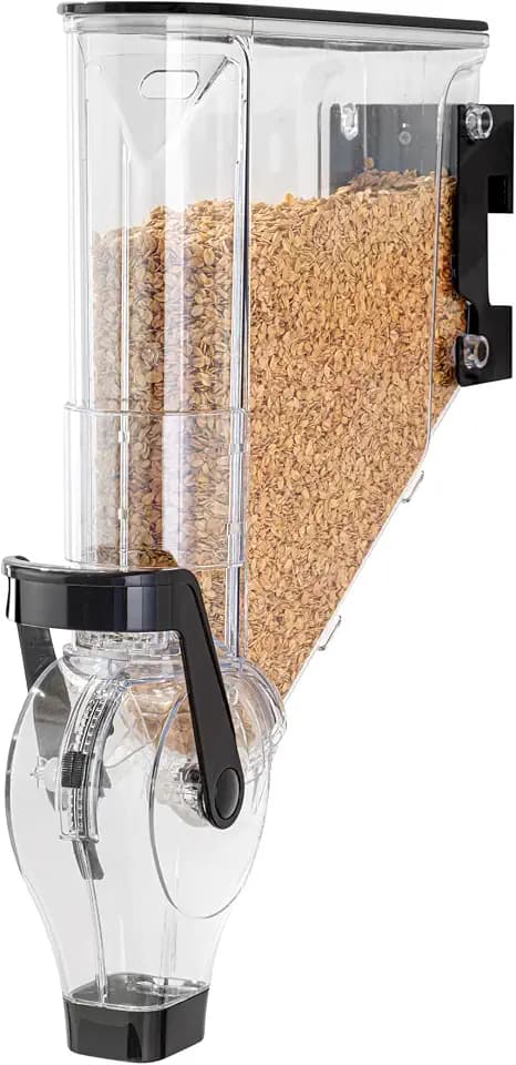 Restaurantware Cereal Dispenser 2 gal Plastic Wall-Mounted Gravity Bin Candy Dispenser Self-Serve Black Dry Food with Wall Mount Brackets for Breakfast Buffet or Hotel Use