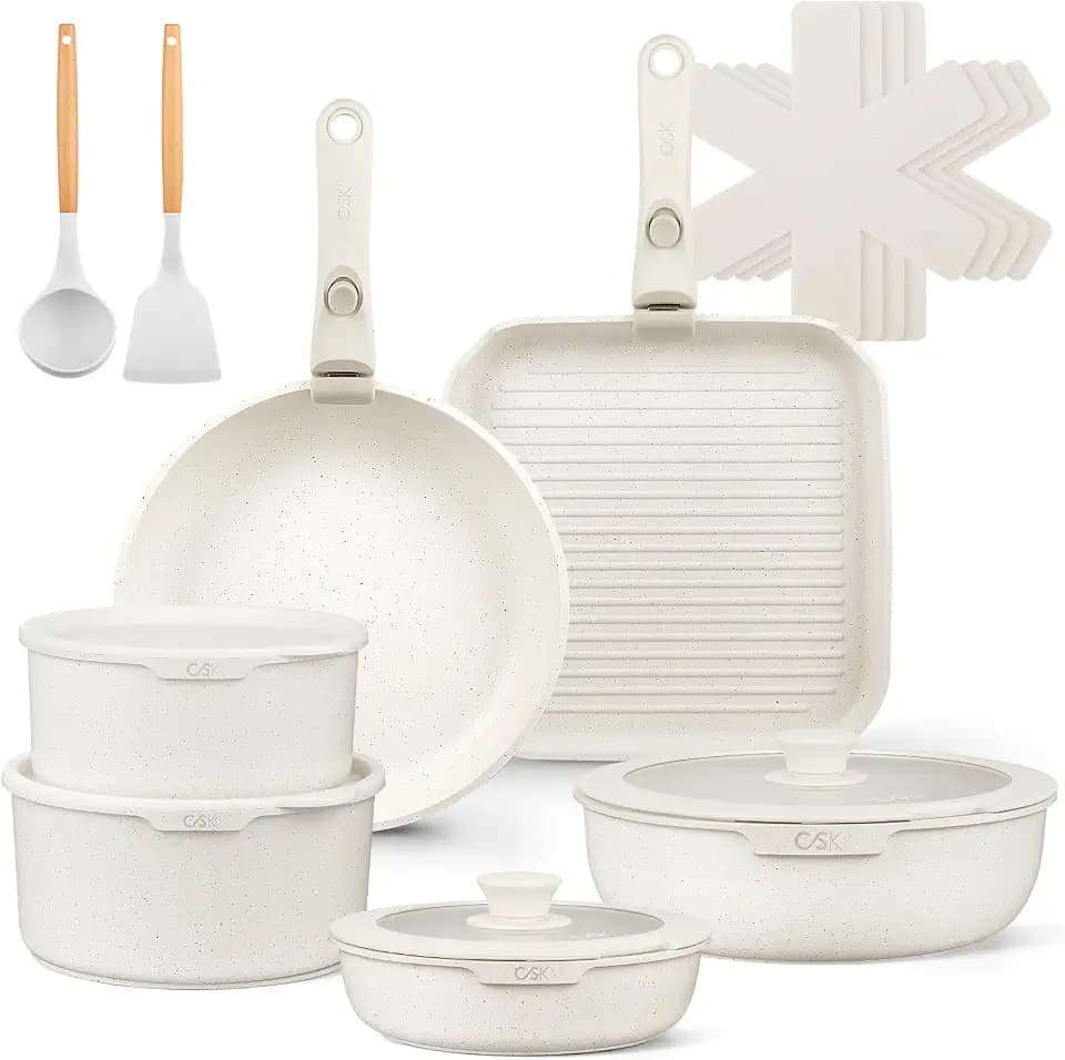 KOCH SYSTEME CS 18 Piece Pots and Pan Set Non Stick, Ceramic Cookware Set with Detachable Handle, RV Camping Stackable Kitchen Set, Pots and Pans Set Non Toxic, Induction Compatible, Oven Safe, 18PCS