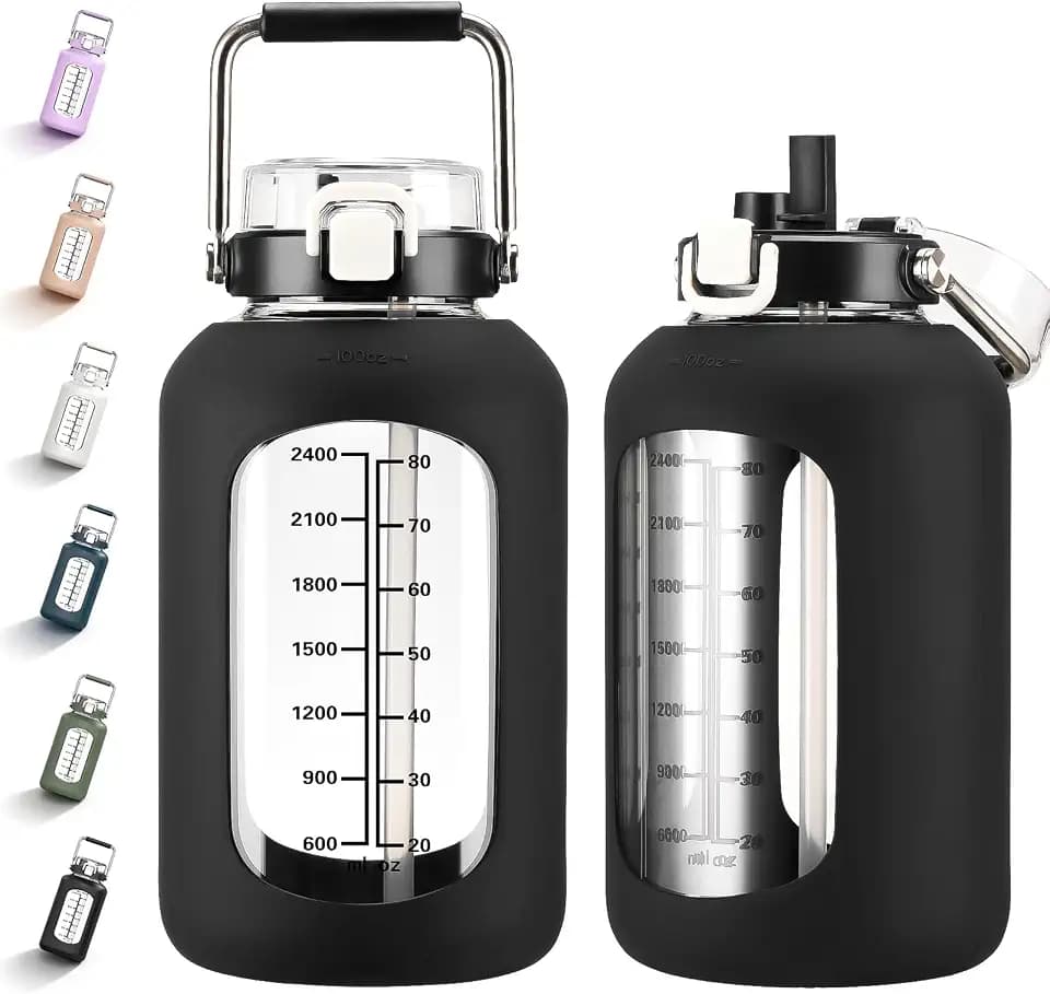 MUKOKO 100oz Glass Water Bottle with Time Marker and Silicone Sleeve 3L Large Water Jug with Stainless Steel Handle Gallon Drinking Bottle with 2-in-1 Lid Wide Mouth BPA Free, Black