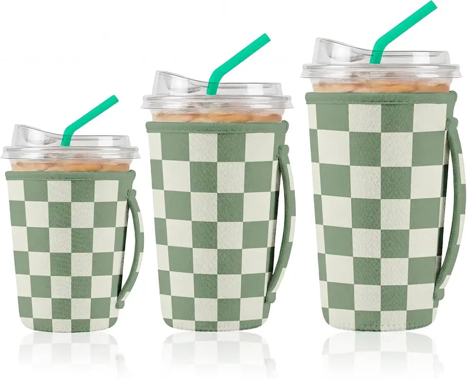 Artsocket 3 Pack Iced Coffee Sleeve with Handle, 16oz-32oz, Checkered Sage Retro