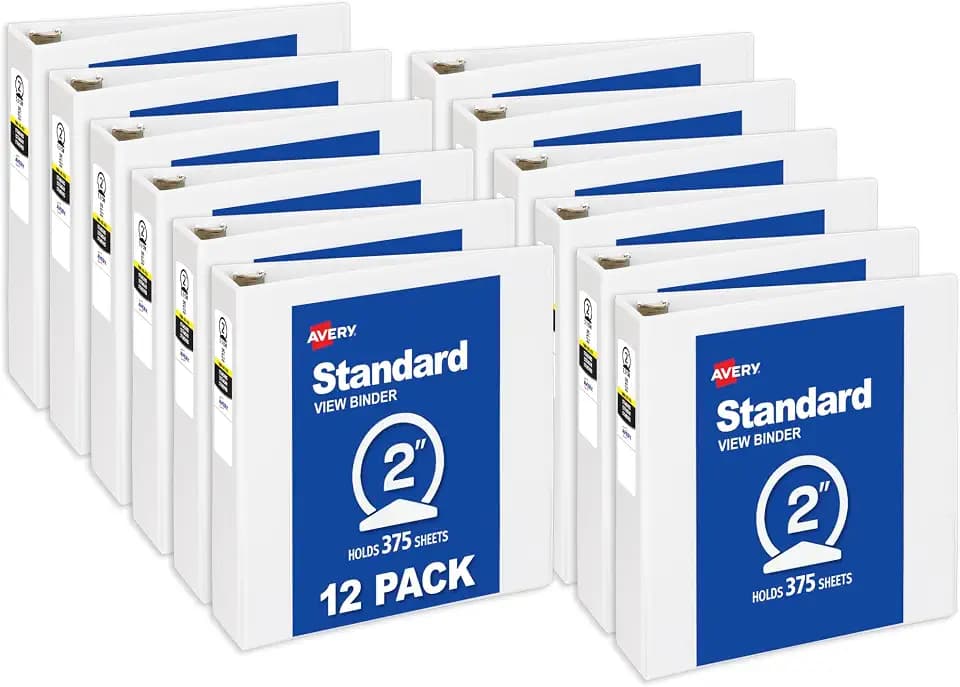 Avery® Standard View 3 Ring Binders, 2" Round Rings, 12 White Binders