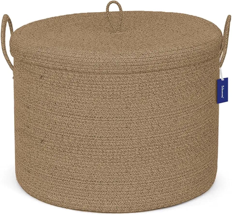 XXXXL Extra Large blanket basket with lid 21"x21"x18" blanket storage for living room,Large woven storage basket round laundry basket rope basket 115L (Jute)