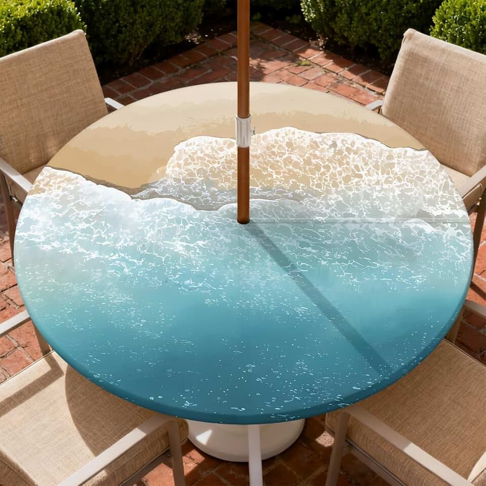 Outdoor Tablecloth with Umbrella Hole and Zipper Fits 53-60" Tables