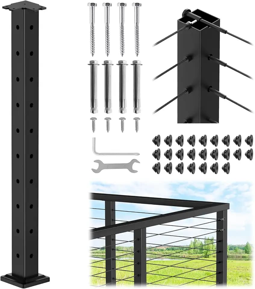 CKE T-Drilled Corner Post Cable Railing, Three Sides T-Drilled 36" Cable Railing Corner Post (Post 35"x2"x2") with Cable Grommets, 90° Black Finish Stainless Steel Corner Post for Indoor Outdoor, CP02