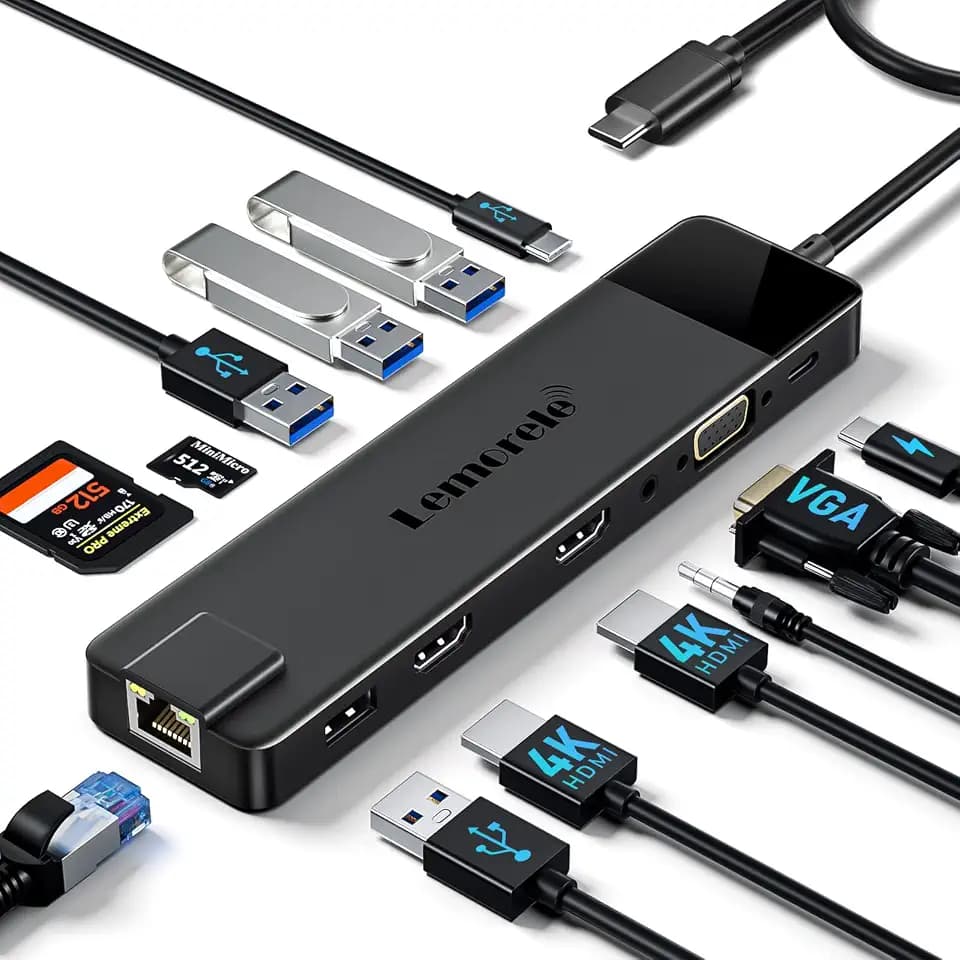Lemorele USB-C Docking Station 13-in-1 für 3 Monitore, Dual HDMI & VGA