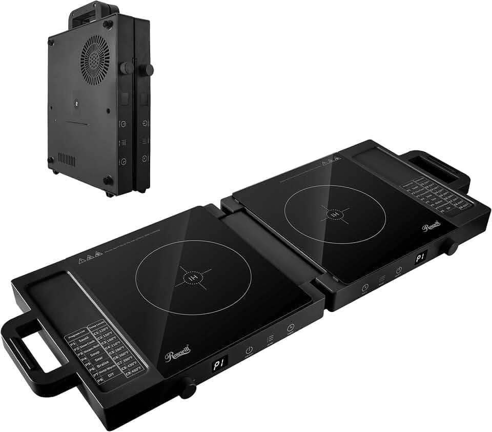 Rosewill Foldable Dual Induction Cooktop Burner, 1800W Portable Double Burner with 8 Cooking Modes & 9-Hour Timer, Auto Shutoff, Electric Stove for Home, Dorms, RVs, Small Kitchen - Black