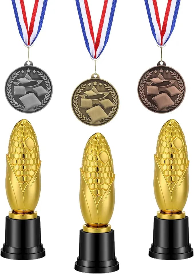 VioraWhite 6 Pcs 3 Inches Award Corn Hole Fusion Medal with Ribbons Gold Silver Bronze 3 Colors and 3 Cream of the Crop Funny Trophy Award Corn Trophies 6 Inches 1st 2nd 3rd Place Winner Prizes