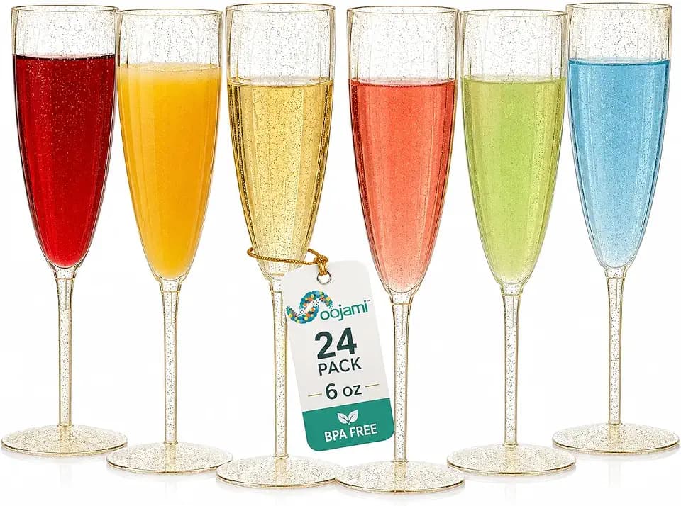 Oojami 24 Pack Plastic Champagne Flutes 6 Oz Gold Glitter, Mimosa Glasses