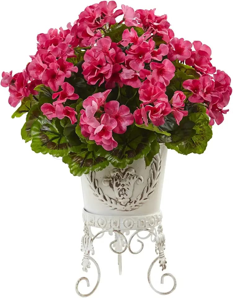 Nearly Natural Geranium with Metal Planter UV Resistant (Indoor/Outdoor)