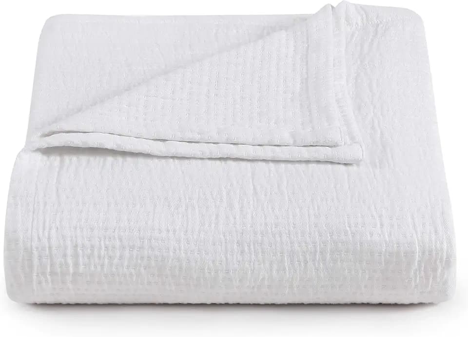 Tommy Hilfiger - Twin Cotton Blanket, Woven Running Stitched Bedding, Medium Weight Soft Blanket, Anti-Pilling & Fade Resistant, Ideal for Layering, Oeko-TEX Certified (White)