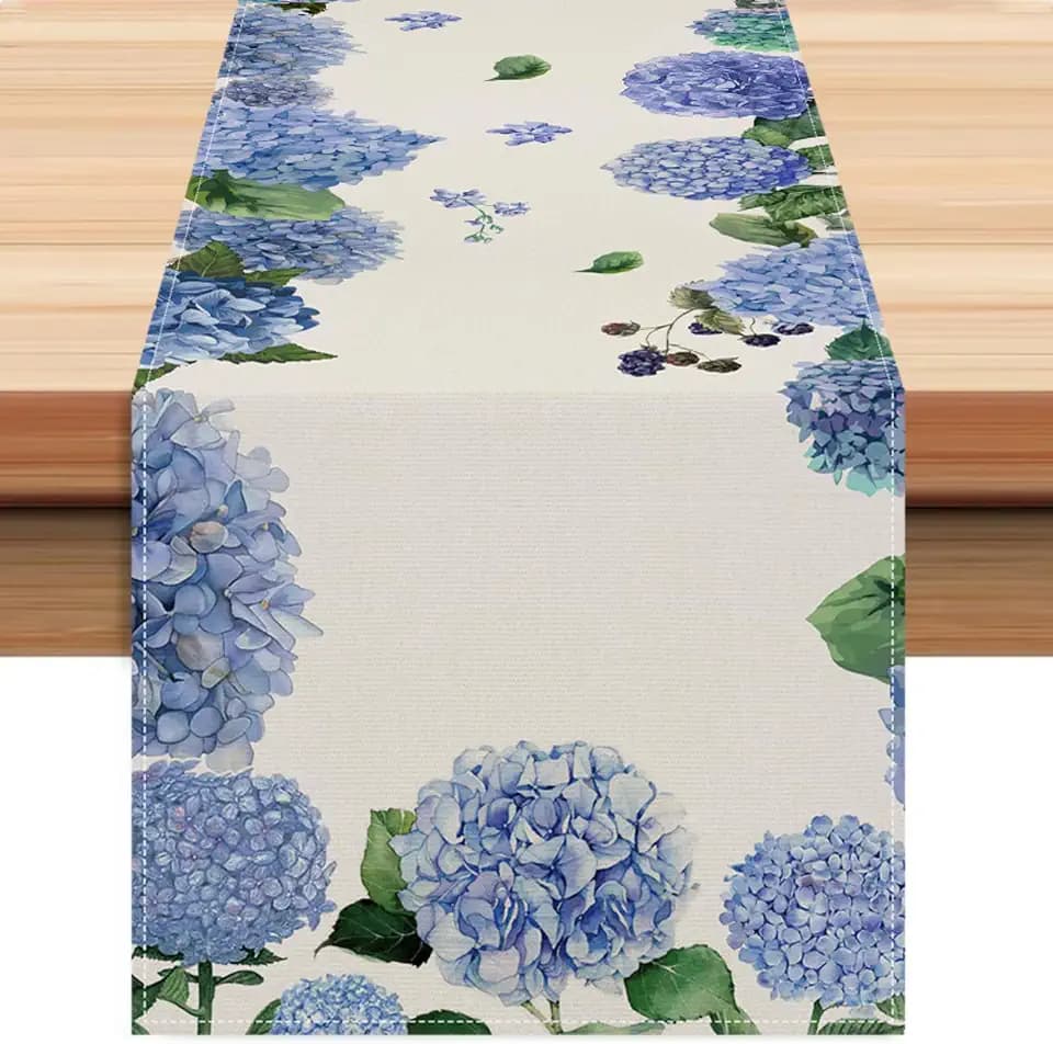 Purple Hydrangea Table Runner 13x72 Inch Seasonal Spring Summer Green Plants Kitchen Dinning Table Decoration for Indoor Outdoor Birthday Home Party Decor