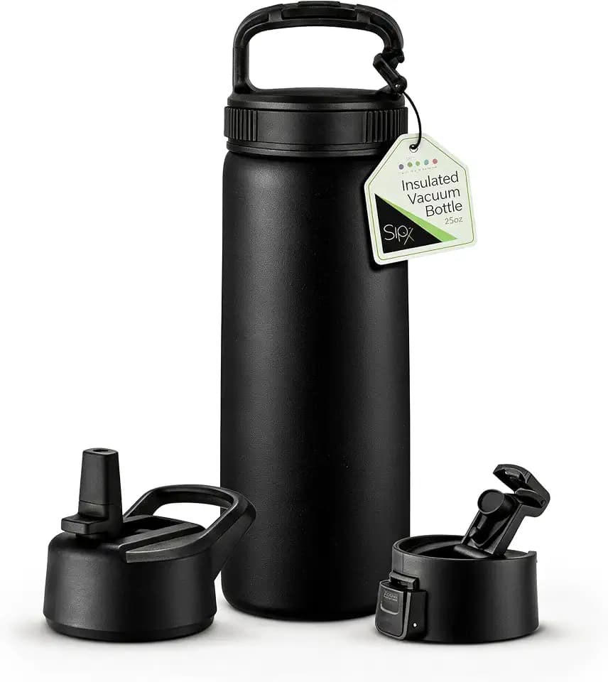 SipX™ Insulated Water Bottle with 3 Lids 25 oz. Leakproof Stainless Steel, Triple Insulated – Cold 24 Hours/Hot 12 Hours – Durable Bottle for School, Gym, Travel – Black
