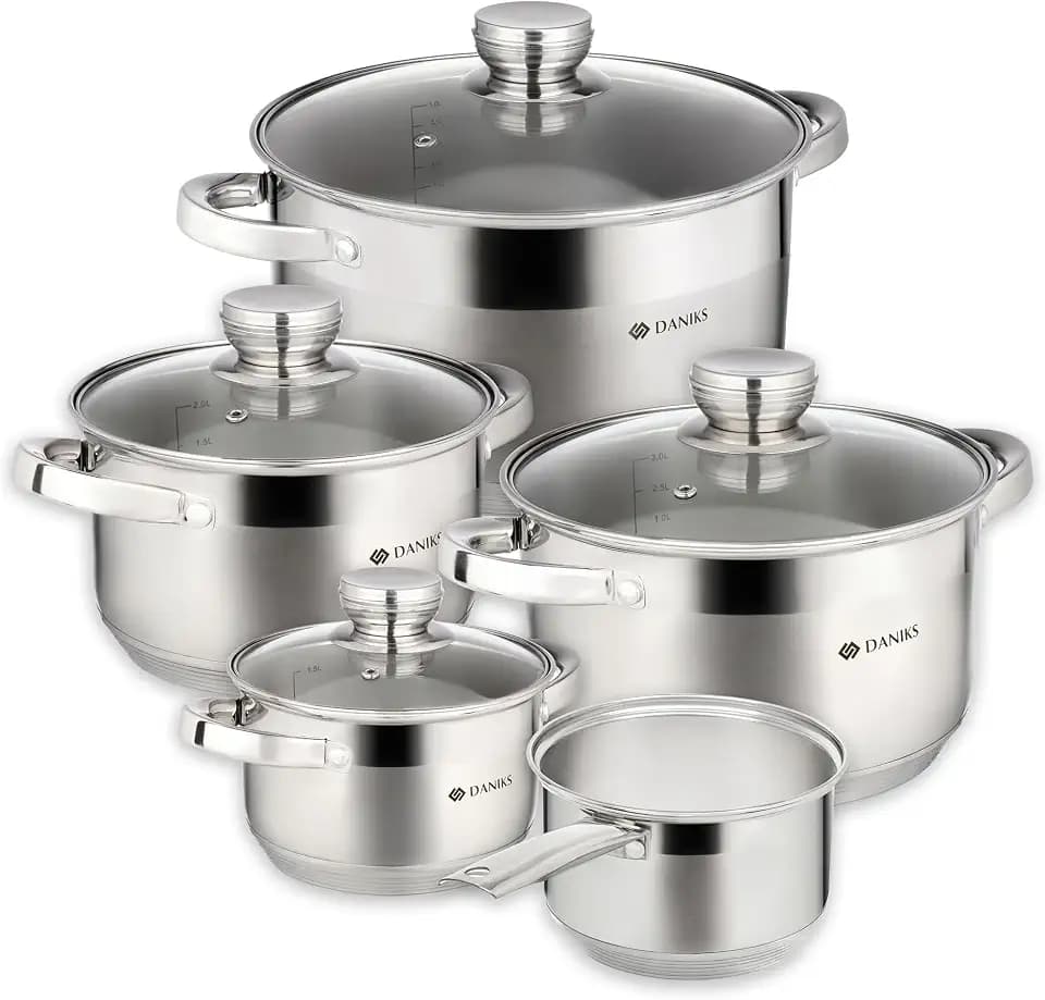 Daniks Standard 9-Piece Stainless Steel Cookware Set with Glass Lids, Includes Saucepan, Tri-Ply Bases for Even Heating, Induction Compatible, Dishwasher Safe, Built-In Measuring Scale, Silver