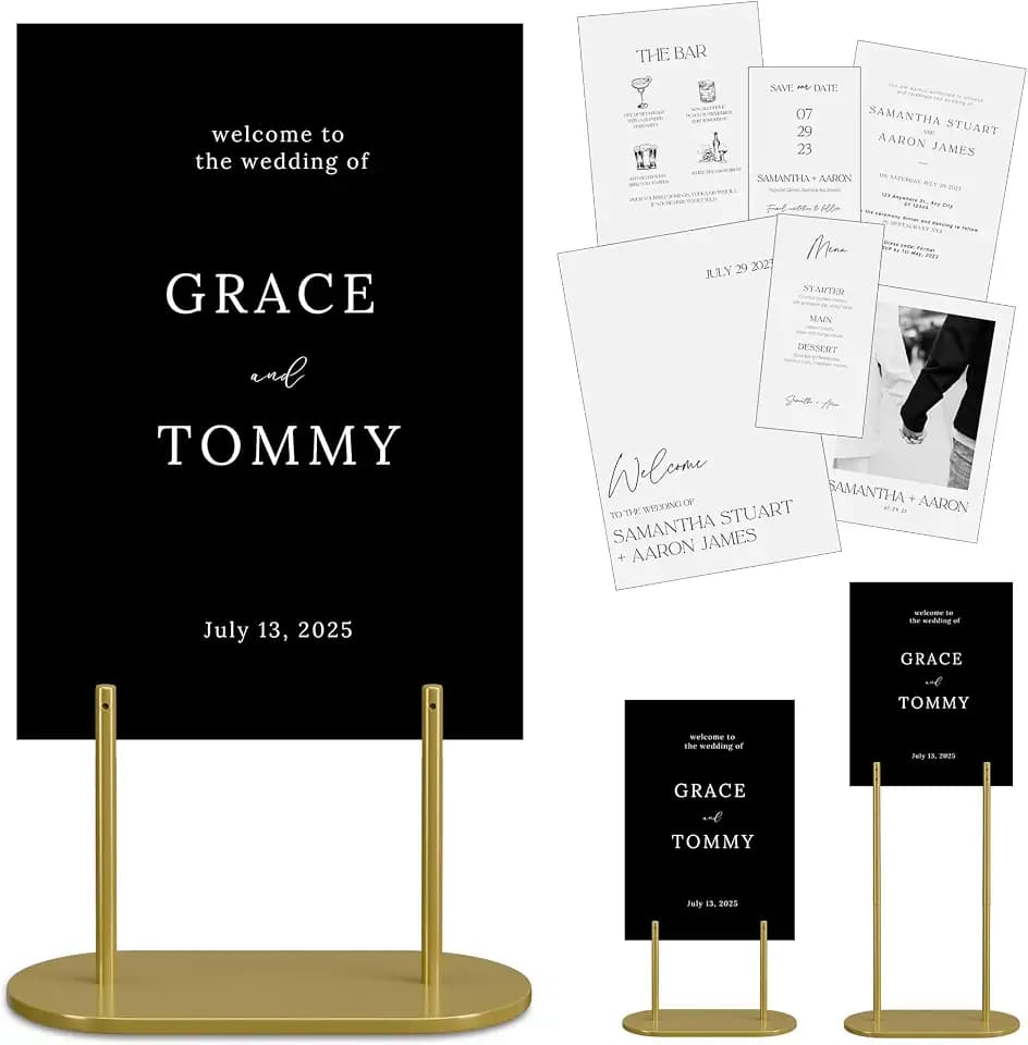 Gold Wedding Welcome Sign Stand with Holder - Elegant Metal Easel Display for Seating Chart, Reception Signs, Welcome Board - 30+ Customizable designs for Baby, Bridal Shower - Versatile Party Sign Holder