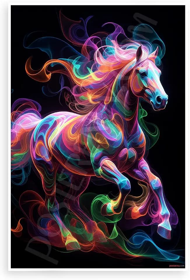 Neon Galloping Stallion Swirling Lines Abstract 12"x18" US Made Poster