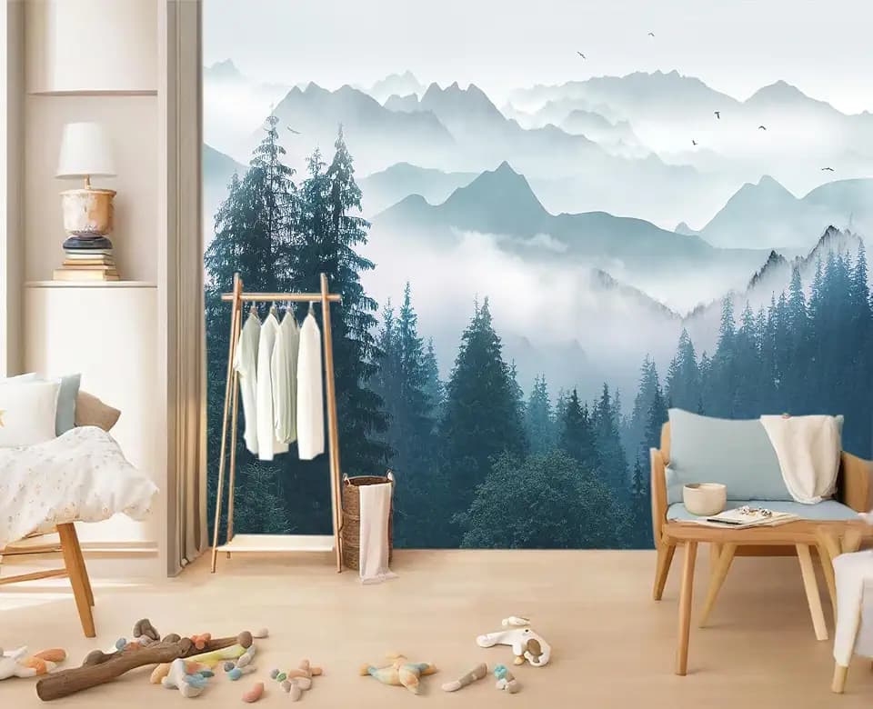 Peel and Stick Foggy Forest Wallpaper Misty Pine Scenery Tree Mural