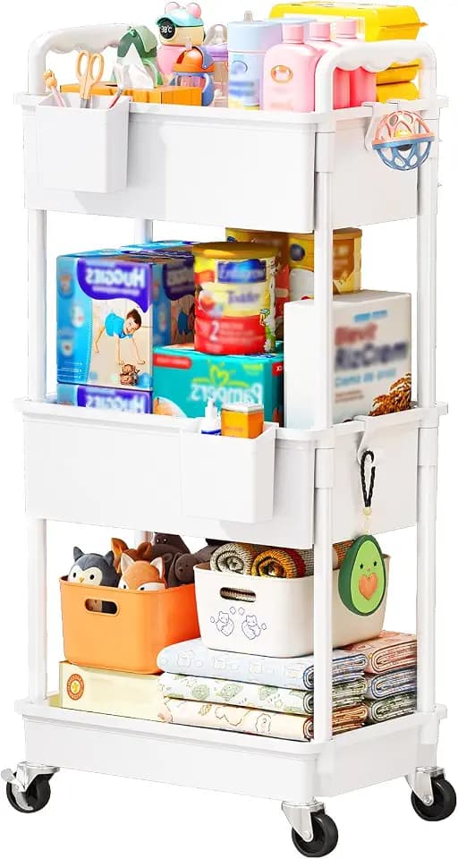 SUNALLY Baby Diaper Caddy Cart,3 Tier Rolling Diaper Cart for Nursery,White