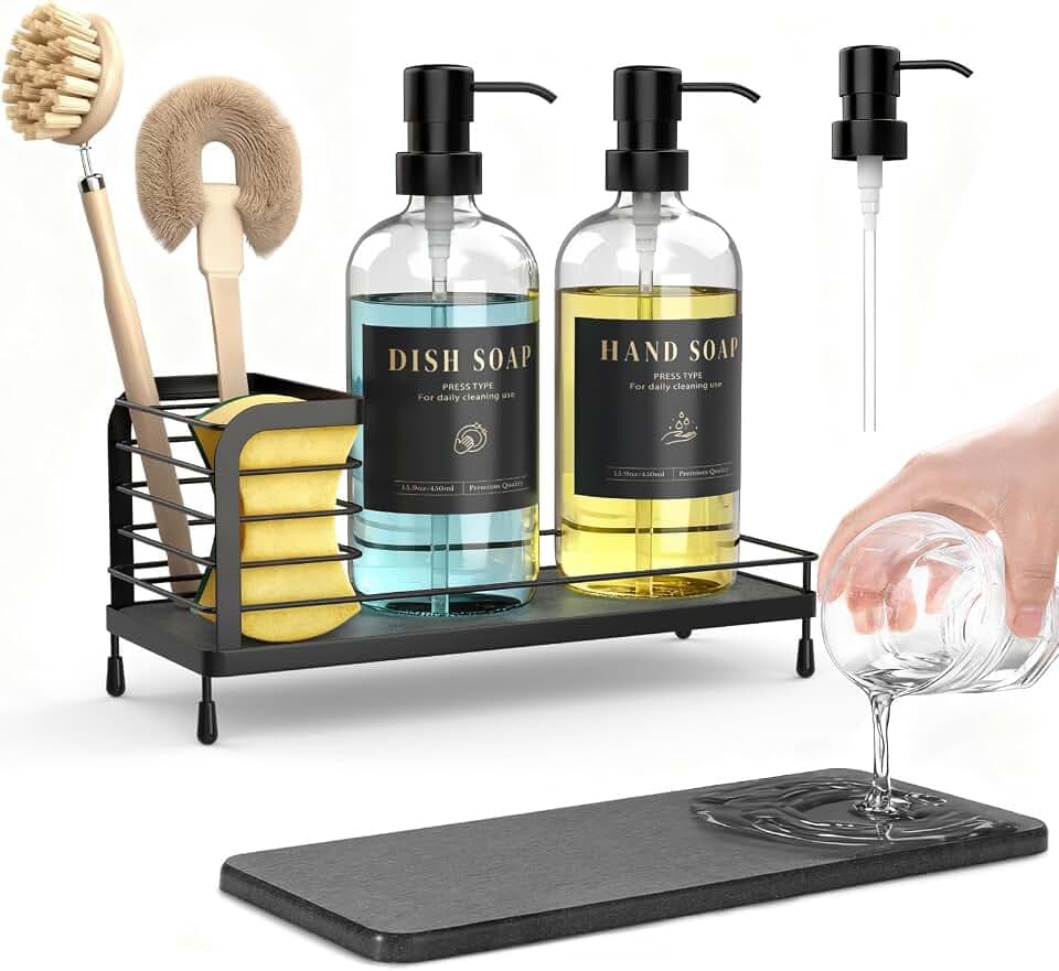 Luxspire Kitchen Soap Dispenser Set - 17oz Hand and Dish Soap Dispenser Set with Fast Drying Tray, Glass Bottle with Waterproof Labels, Kitchen Sink Organizer, Bathroom Countertop Organizer, Black