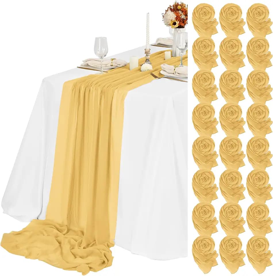 24 Packs Gold Cheesecloth Table Runner,10ft Gold Yellow Rustic Gauze Boho Wedding Table Runner Decoration, Wedding Table Decor Sheer Table Runner for Wedding Party Bridal Shower Table
