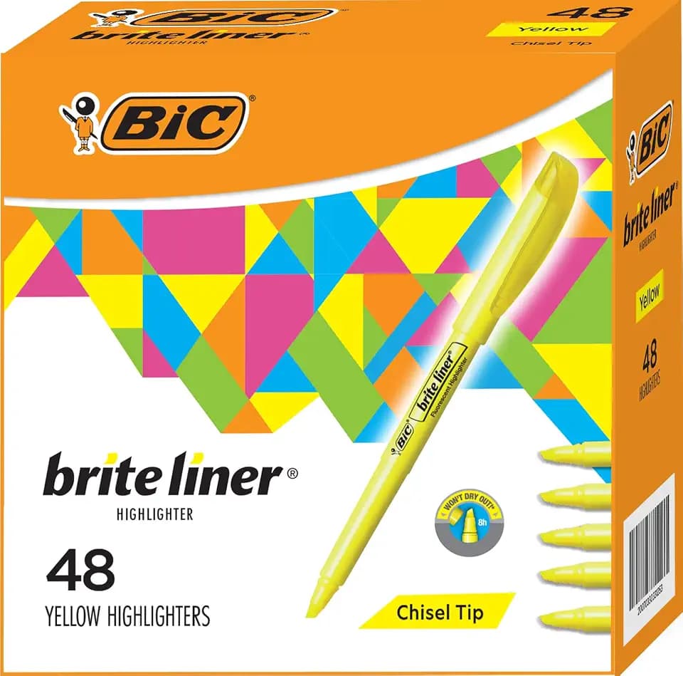 BIC Brite Liner Yellow Highlighters, Chisel Tip, Pack of 48