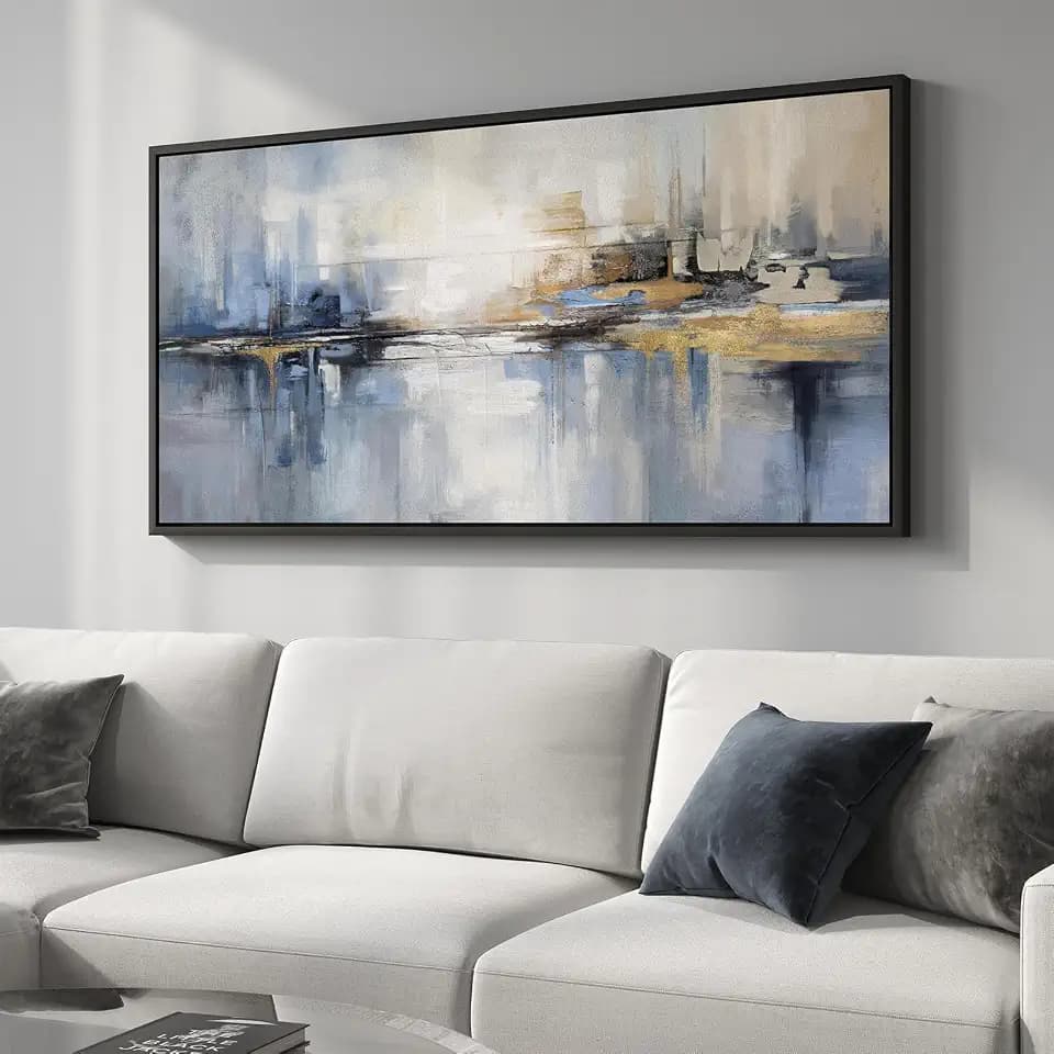 Extra Large Framed Blue Abstract Wall Art for Living Room, Horizontal 30x60