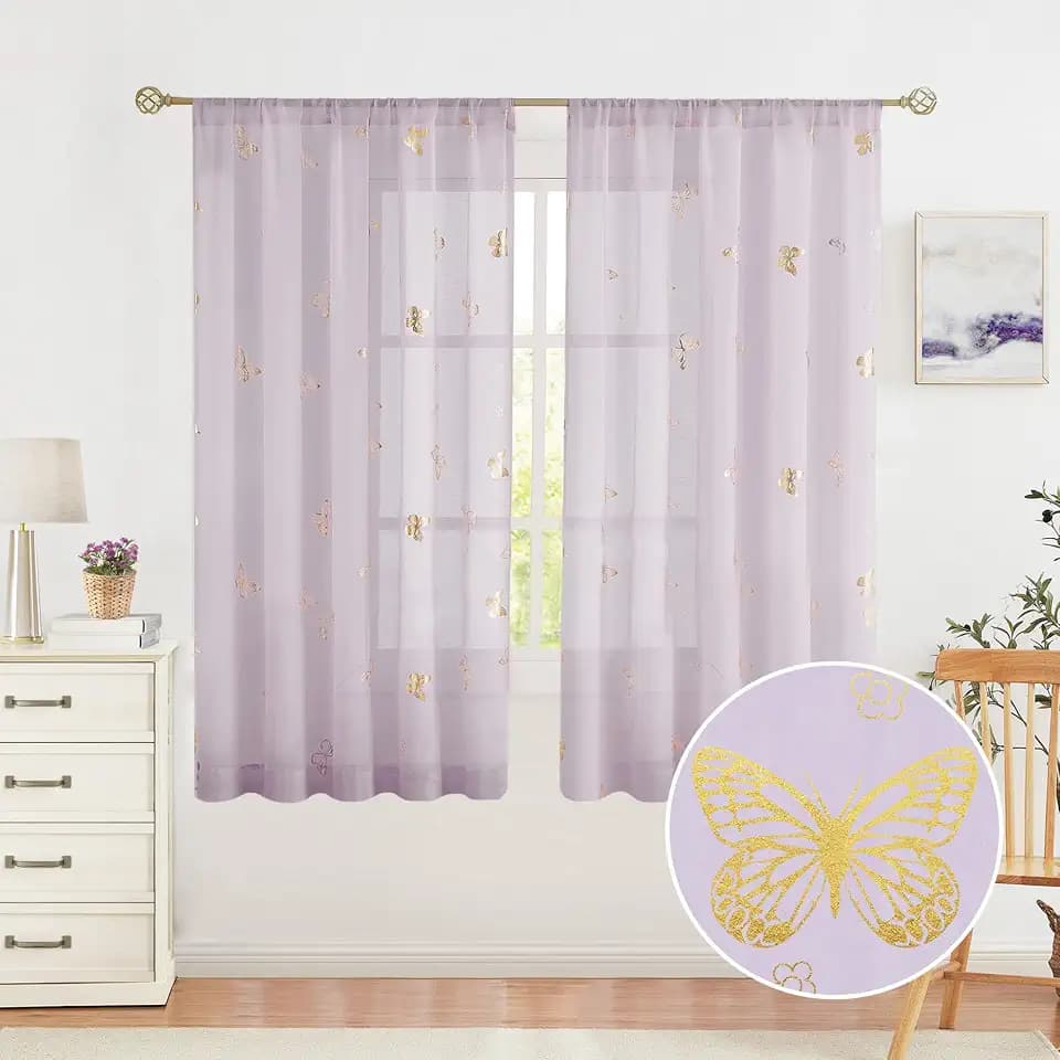 Jubilantex Purple Butterfly Gold Print Sheer Curtains 52x63 Inch Rod Pocket
