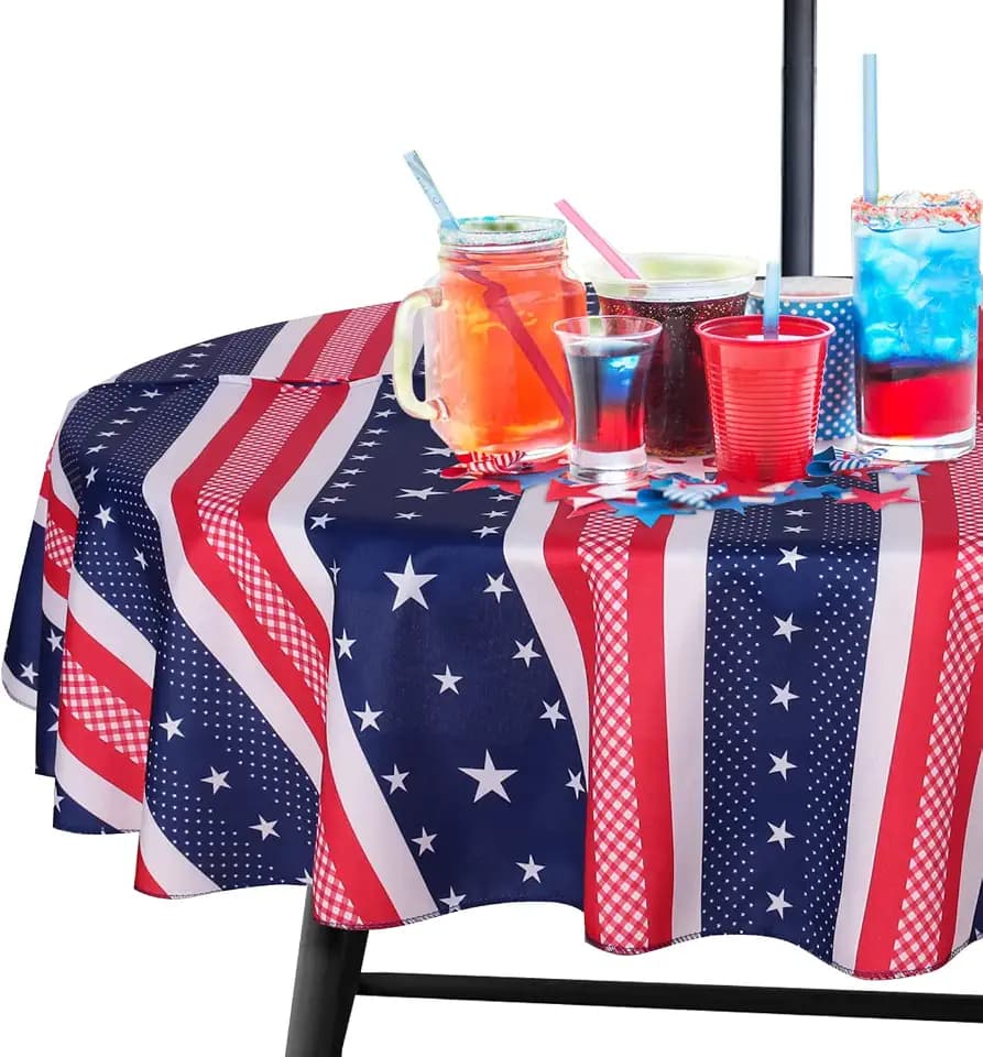 LUSHVIDA 4th of July Tablecloth Outdoor Tablecloth with Umbrella Hole and Zipper- Round 60 inch Patio Table Cover for or July 4th Independence Day Patriotic Tablecloth, American Striped Star
