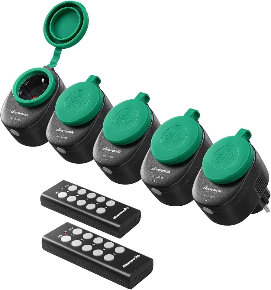 DEWENWILS Funksteckdosen mit Fernbedienung Aussen, 16A 3680W Programmierbare Steckdosen, IP44, 5er Funkstecker für Feiertagsdeko, 30 M Reichweite, Schwarz