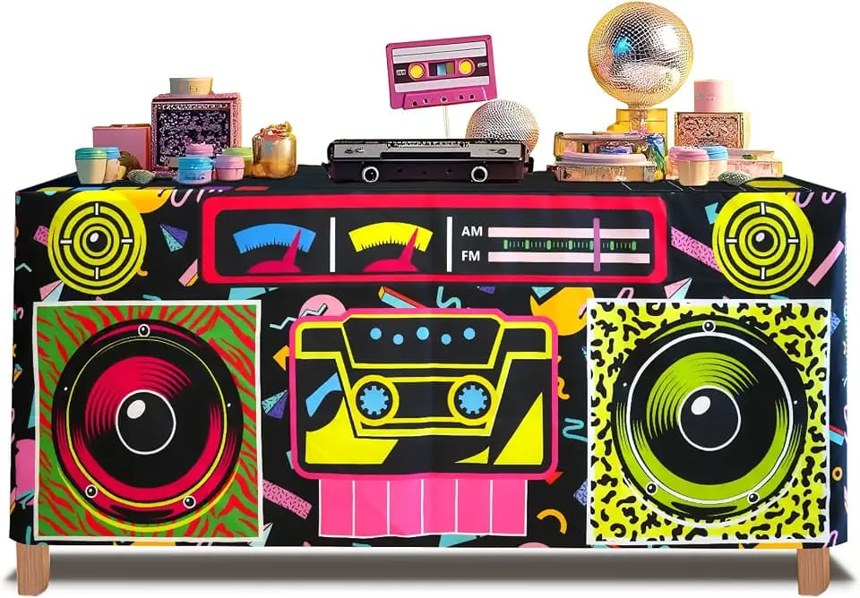 6FT 80s 90s Theme Party Tablecloth, Black-Radio Color, 72" x 30" Rectangular Polyester Table Cover for Hip Hop Birthday Party Decorations