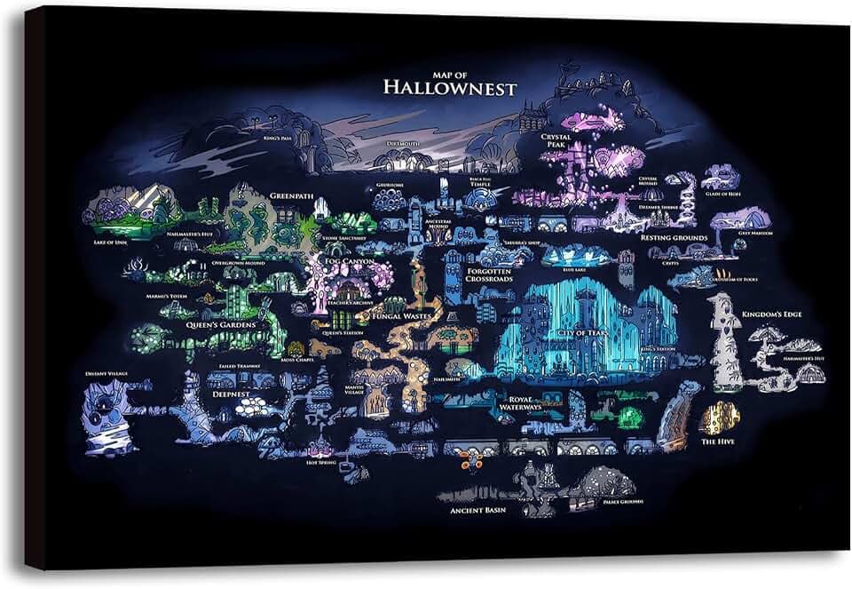 Hollow Knight Map Poster Game Room PIcture Wall Art, Video Game Canvas Wall Decor, Mural Art Print, Player Room Decoration, Hollow Knight Map, Framed Decoration