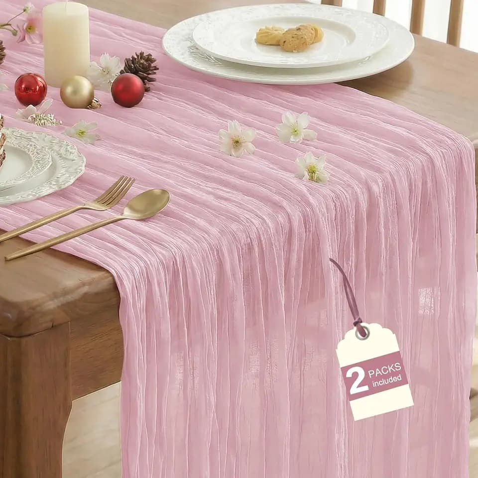 2 Pack Pink Cheesecloth Table Runner for Wedding Birthday Party Home Decor