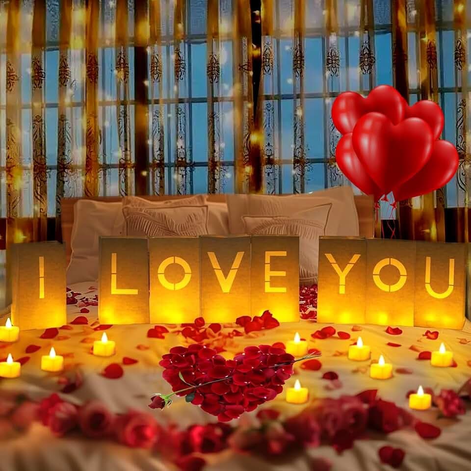 Rose Petals and Candles Set - I Love You Light Up Letters Luminaries Bags