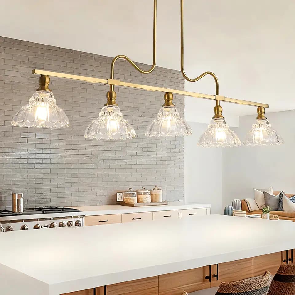 Vintage Chandelier Light, 5-Light Brass Pendant Lights Kitchen Island Lighting with Flower Glass Shade, Ceiling Hanging Light Farmhouse Chandeliers for Dining Room