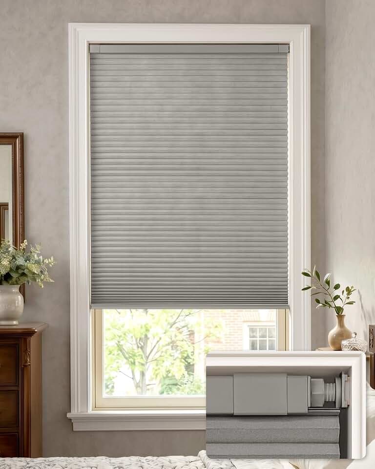 LazBlinds No Drill Blackout Cellular Shades, 48" W x 64" H, Dove Grey