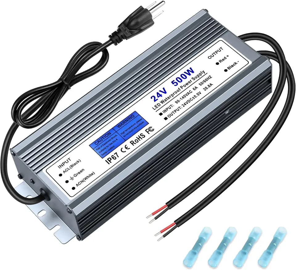 24V 500W LED Power Supply, AC 90-140V to DC 24V 20.83A LED Driver, IP67 Rated Low Voltage Transformer with 3-Prong Plug for Landscape Lighting and LED Strip Lights