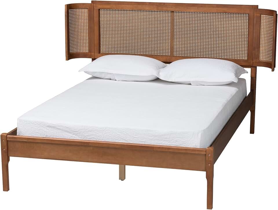 Baxton Studio Eridian Walnut Brown Finished Wood and Natural Rattan Full Size Platform Bed